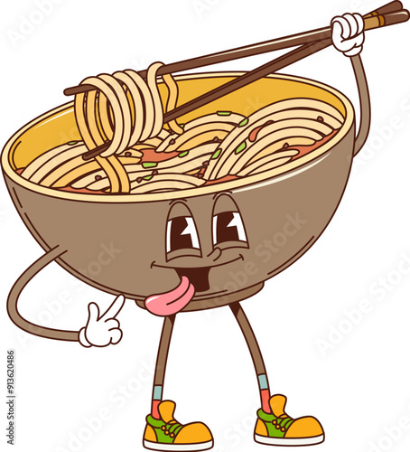 Cartoon retro groovy udon noodles character with chopsticks, vector comic Japanese food. Groovy udon noodles bowl with funky face and silly yummy tongue out smile for Japanese cartoon food character
