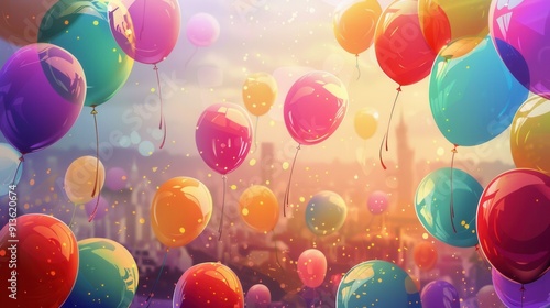 Wallpaper Mural Colorful balloons float gracefully above a bustling festival, creating a festive atmosphere as celebration lights twinkle in the background. Generative AI Torontodigital.ca