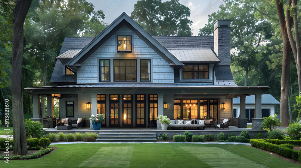 Modern House with Porch and Green Lawn - Photo Modern House with Porch and Green Lawn - Photo