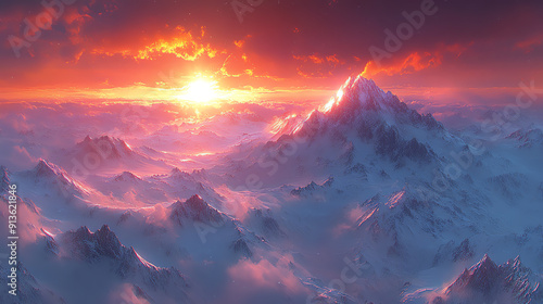 Breathtaking sunset over majestic mountains, creating a stunning natural landscape filled with vibrant colors and serene beauty.