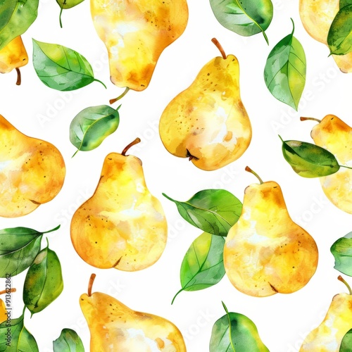 Watercolor painting of a pattern with juicy pears, on isolated white background