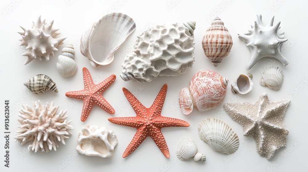 A collection of sea stars, shells, and coral displayed on a white background. A collection of sea stars, shells, and coral displayed on a white background.