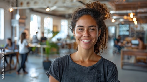 Smiling Young Woman Standing Confidently in Modern Office Space During Daytime