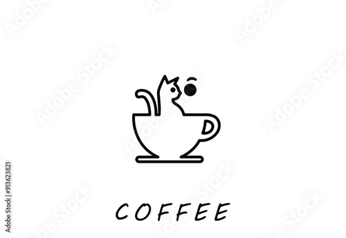 Minimalist cat in coffee cup logo, perfect for cafes and pet lovers.