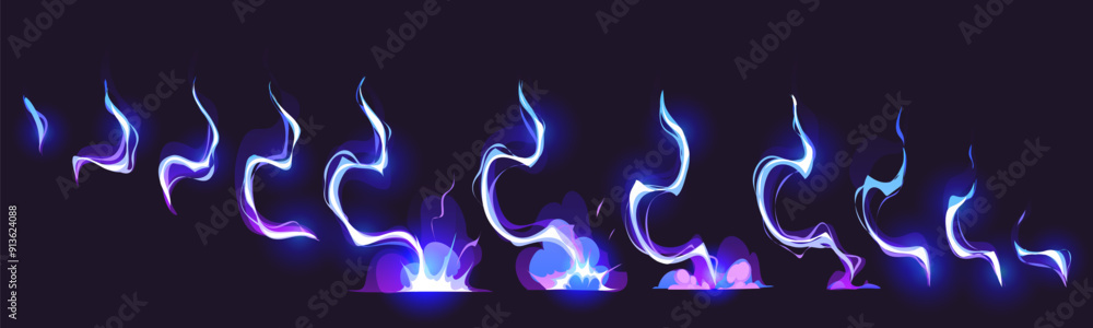 Thunder bolt blue strike, lightning game sprite fx effect animation. Cartoon vector animated sequence frame of electric strike, magic electricity hit and thunderbolt effect of blue glowing storm bolts Thunder bolt blue strike, lightning game sprite fx effect animation. Cartoon vector animated sequence frame of electric strike, magic electricity hit and thunderbolt effect of blue glowing storm bolts