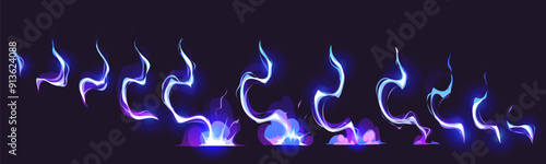 Thunder bolt blue strike, lightning game sprite fx effect animation. Cartoon vector animated sequence frame of electric strike, magic electricity hit and thunderbolt effect of blue glowing storm bolts