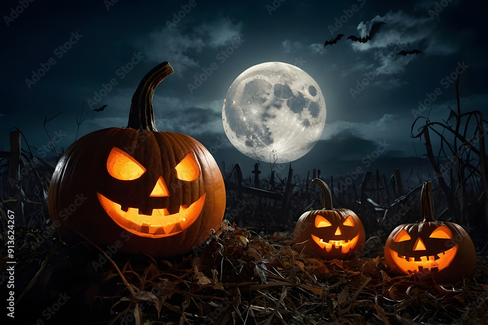 Jack-o-lanterns glowing at the full moon night of Halloween Jack-o-lanterns glowing at the full moon night of Halloween