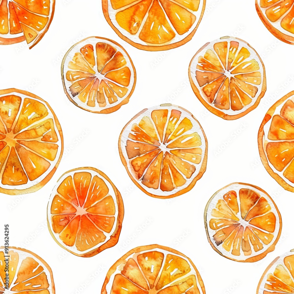 Watercolor painting of a pattern with slices of juicy oranges, on isolated white background Watercolor painting of a pattern with slices of juicy oranges, on isolated white background