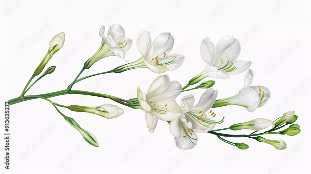Obraz premium Freesia white flowers set twigs with beautiful blooming buds