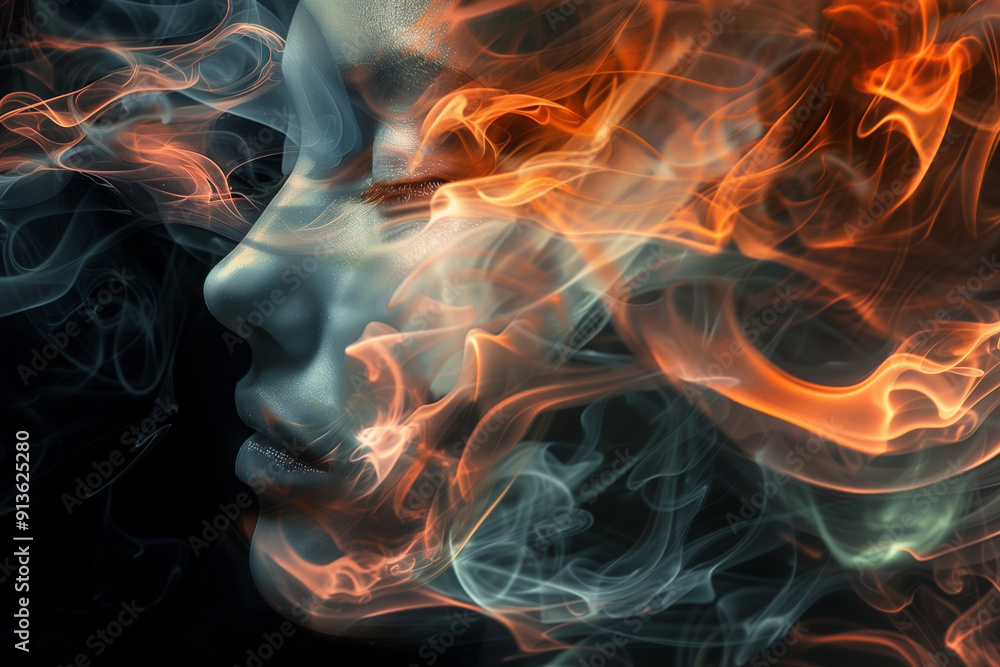 Abstract profile in smoky hues of orange and blue, with a calm and serene expression. Abstract profile in smoky hues of orange and blue, with a calm and serene expression.