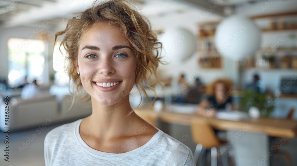 Young Woman Smiling Cheerfully While Sitting in Cozy Café During Daytime Young Woman Smiling Cheerfully While Sitting in Cozy Café During Daytime
