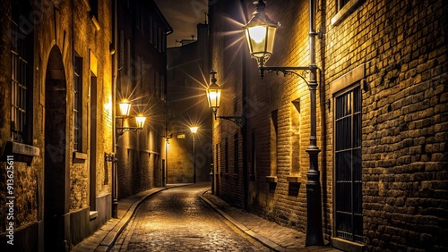 Dark alley with dimly lit street lamps, filled with mysterious shadows , urban, night, narrow, creepy, deserted, eerie, sinister