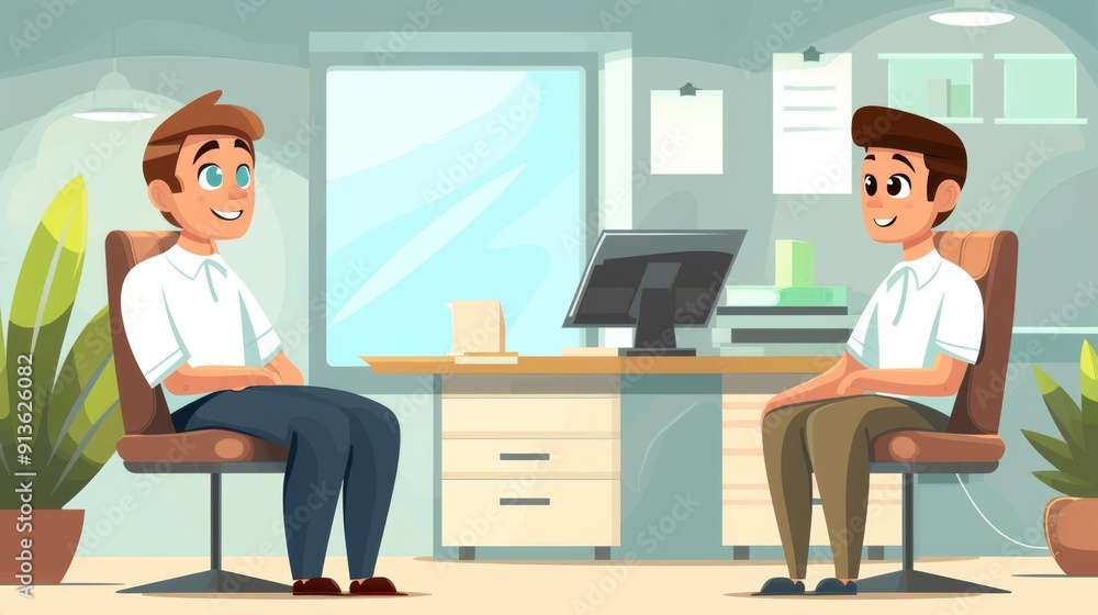 Cartoon vector recruiter interviewing a candidate in an office Cartoon vector recruiter interviewing a candidate in an office