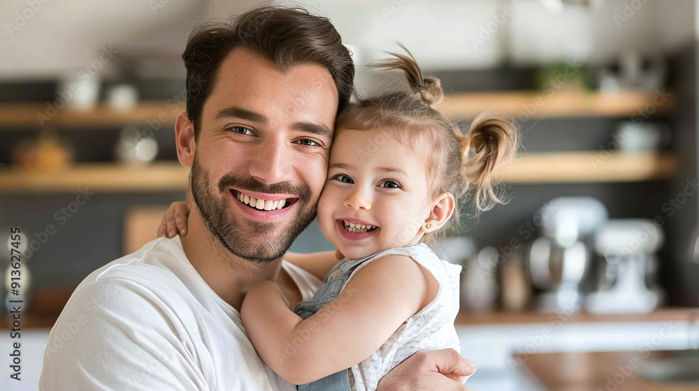 Fototapeta premium Father hugging daughter in kitchen at home