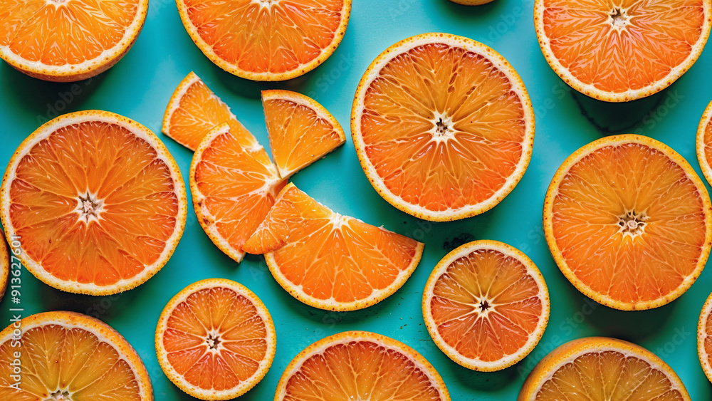 Orange slices on a blue background, top view Orange slices on a blue background, top view