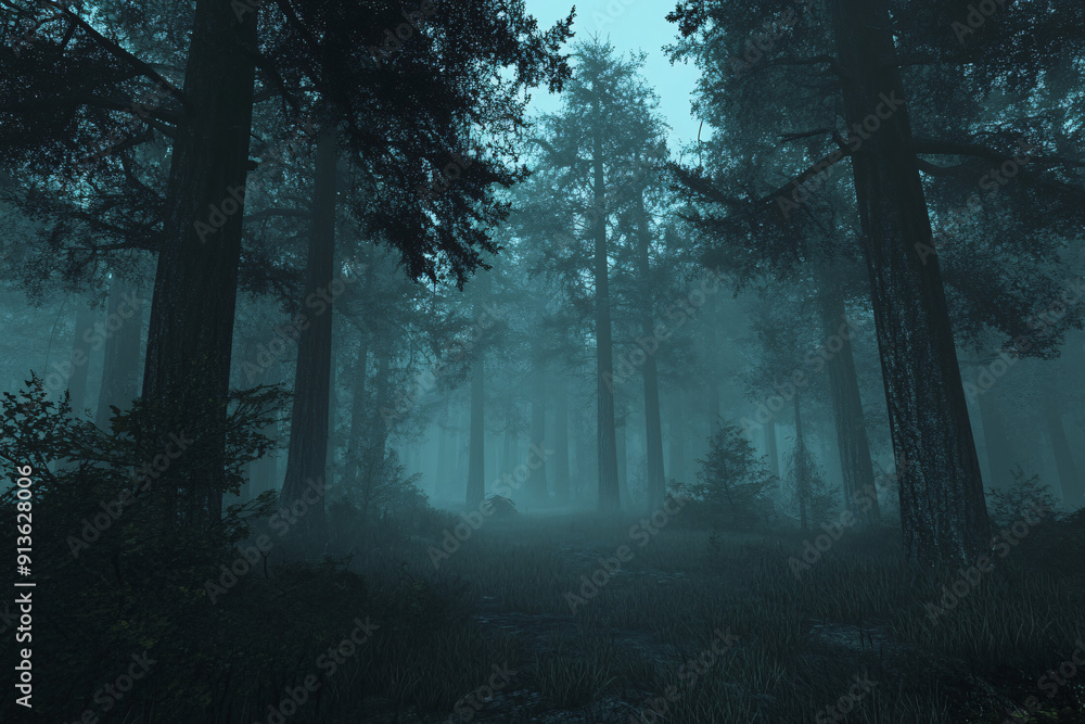 Fototapeta premium A creepy, dark forest covered in fog, creating a mysterious and eerie atmosphere.