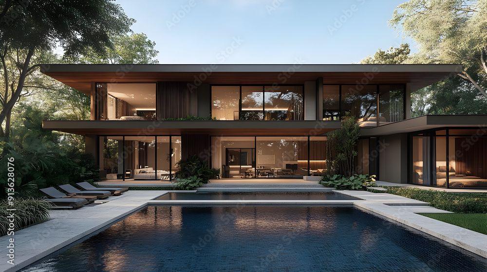 Modern home with a pool and lush greenery. Modern home with a pool and lush greenery.