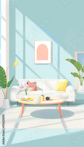 Solar panels, modern living room, flat design illustration photo