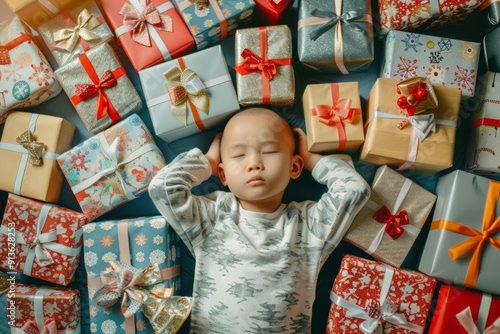 Peaceful bald child sleeping evoking tender feelings of love. Handsome bald boy pajamas quietly snoozes dreaming of adventures. Peaceful slumber captures essence of undisturbed night. photo