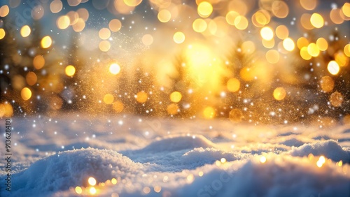 Festive abstract magic winter landscape with snow and golden bokeh lights  Banner, Panorama, New Year, Anniversary