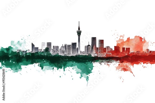 irak flag, background with space for your logo - industrial 3D illustration.Silhouette of a chemical plant, oil refining, gas, energy icons. heavy industry.