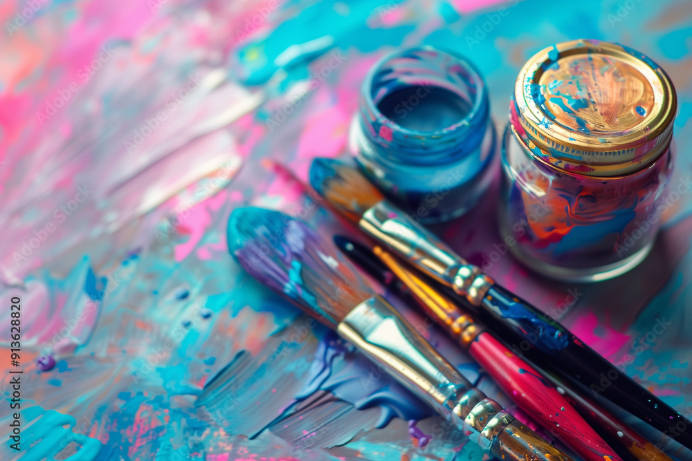 brushes and palette, A jar filled with vibrant, multicolored paintbrushes sits on a table covered in an abstract painting of blues and pinks. The brushes are arranged haphazardly, some standing brushes and palette, A jar filled with vibrant, multicolored paintbrushes sits on a table covered in an abstract painting of blues and pinks. The brushes are arranged haphazardly, some standing