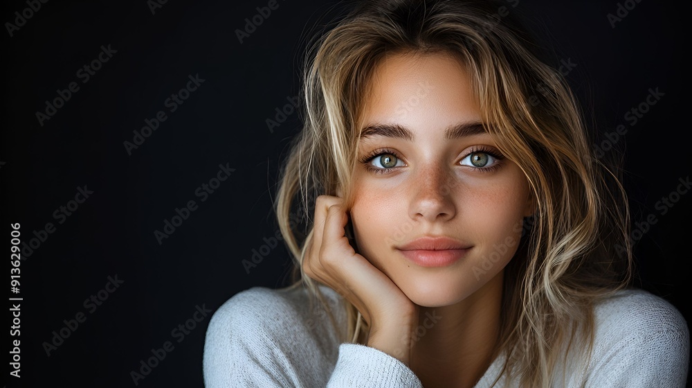 A young woman with captivating green eyes and tousled blonde hair rests her chin on her hand, exuding a serene and thoughtful expression. A young woman with captivating green eyes and tousled blonde hair rests her chin on her hand, exuding a serene and thoughtful expression.