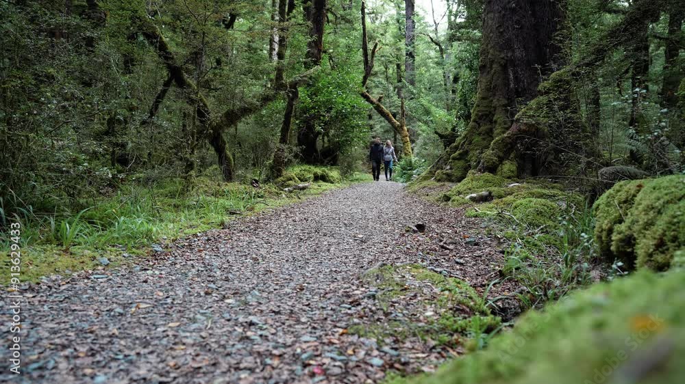 Couple hiking over a walking path in a rainforest in New Zealand in Fiordland. Couple hiking over a walking path in a rainforest in New Zealand in Fiordland.