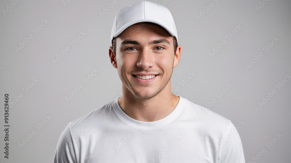 Young man wearing white t-shirt and white baseball cap isolated on grey background Young man wearing white t-shirt and white baseball cap isolated on grey background