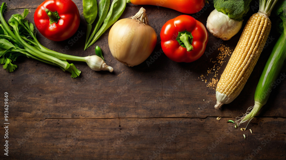 A vibrant kitchen background featuring a rustic wooden table adorned with fresh, colorful vegetables and herbs, perfect for culinary inspiration. A vibrant kitchen background featuring a rustic wooden table adorned with fresh, colorful vegetables and herbs, perfect for culinary inspiration.