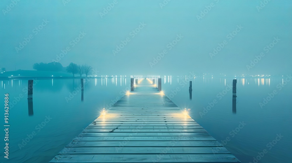 Naklejka premium Night harbor with grain overlay, minimalist clean backdrop, serene dock