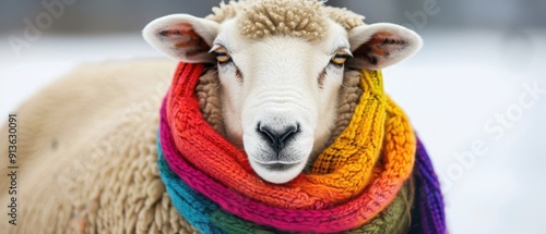 A sheep in a colorful knitted scarf stands on a snowy background, featuring a charming and cozy winter scene. photo