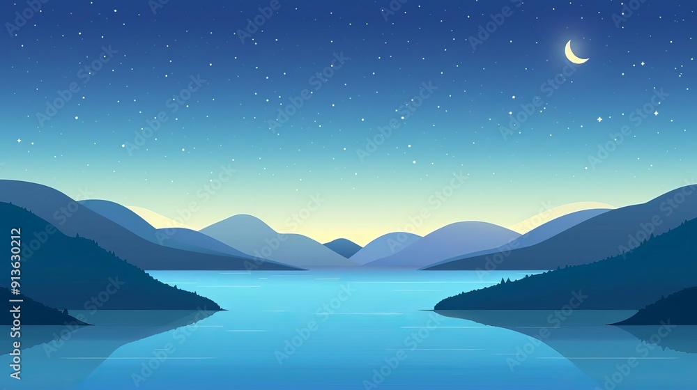Calm river at night, subtle grain, sleek modern background, flat design illustration Calm river at night, subtle grain, sleek modern background, flat design illustration