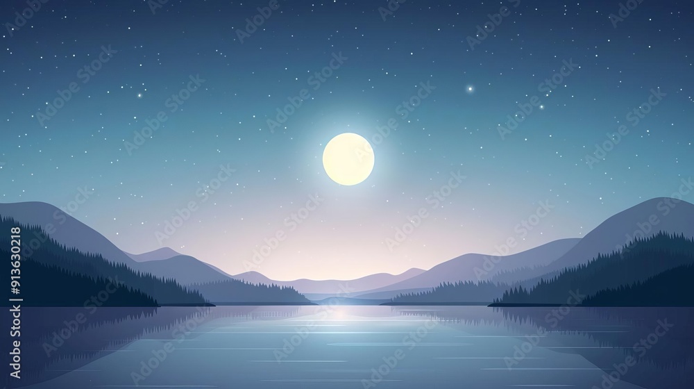 Calm river at night, subtle grain, sleek modern background, flat design illustration Calm river at night, subtle grain, sleek modern background, flat design illustration
