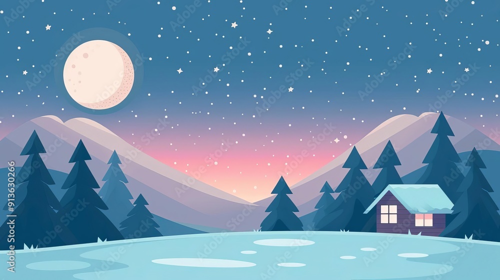 Obraz premium Cozy cabin at night, soft grain, modern clean background, flat design illustration