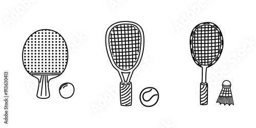 Set of icons of badminton, ping pong table tennis and weightlifting rackets with ball. Hand drawn doodle icons for active sports.