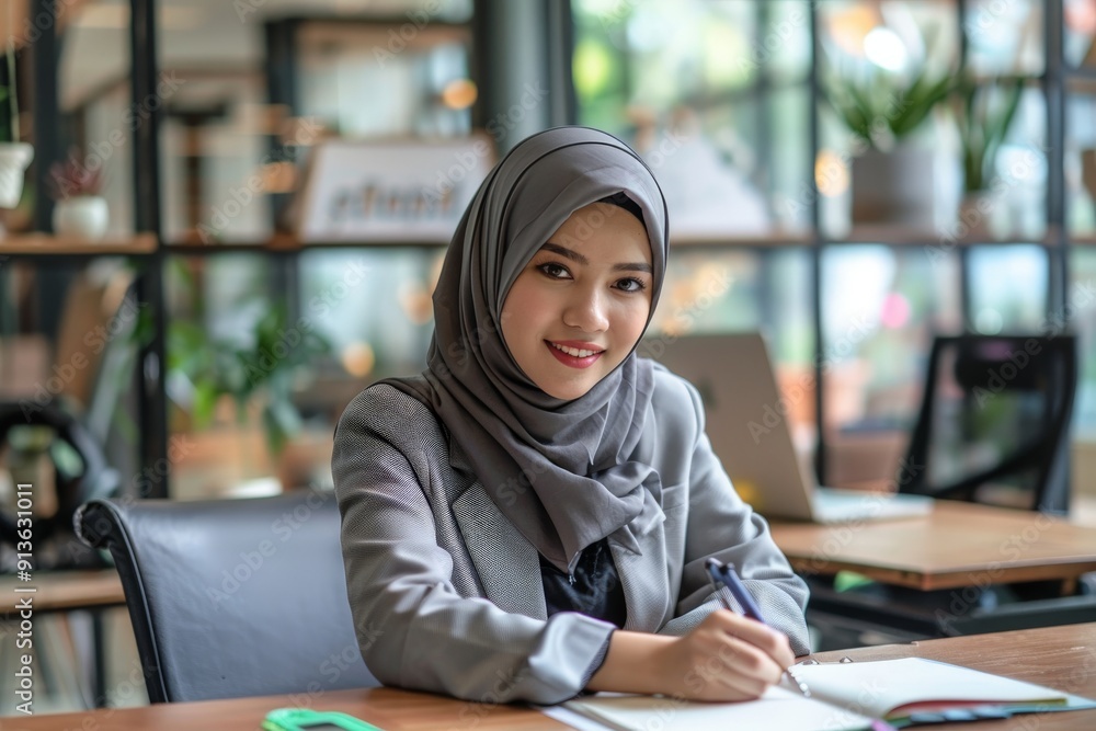 Smiling Woman in Hijab Writing in a Notebook suitable for business background, posters, wallpapers, banners, greeting cards, and advertising for business entities or brands. Smiling Woman in Hijab Writing in a Notebook suitable for business background, posters, wallpapers, banners, greeting cards, and advertising for business entities or brands.