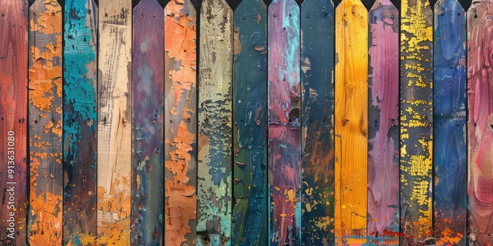 Colorful wooden fence with peeling paint.