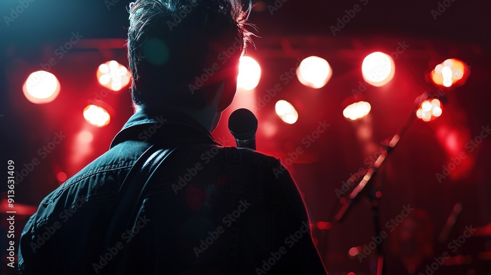 Black silhouette of male rock star singer with a microphone. singer sings a karaoke song on stage with spotlights in the background.back view. man musician. back view. night club life Black silhouette of male rock star singer with a microphone. singer sings a karaoke song on stage with spotlights in the background.back view. man musician. back view. night club life