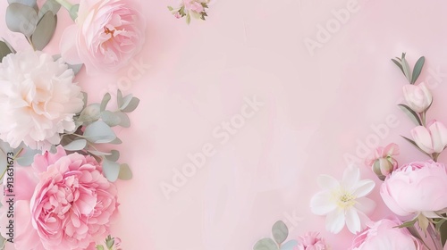 Empty floral frame with pastel flowers, clean modern backdrop, watercolor style