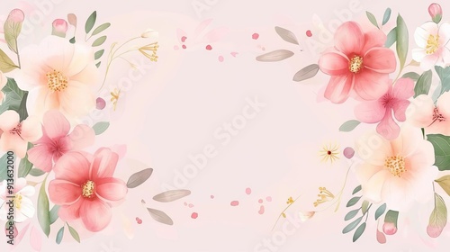 Empty oval flower frame, simple clean backdrop, watercolor style