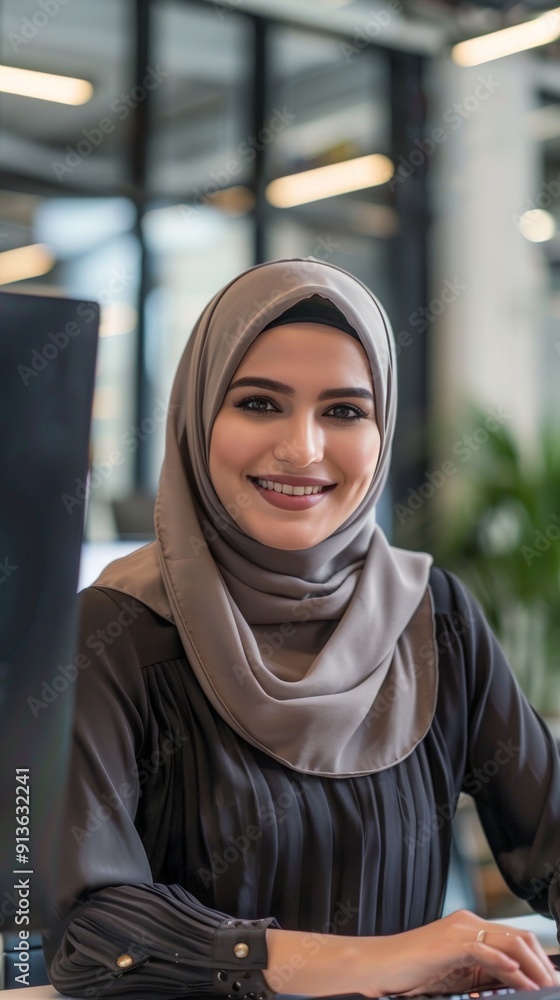Smiling Woman In A Hijab Working On A Computer suitable for business background, posters, wallpapers, banners, greeting cards, and advertising for business entities or brands. Smiling Woman In A Hijab Working On A Computer suitable for business background, posters, wallpapers, banners, greeting cards, and advertising for business entities or brands.