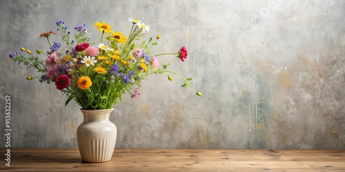 Vibrant ceramic vase filled with wildflowers against a minimalist wall backdrop , colorful, specialty, vase