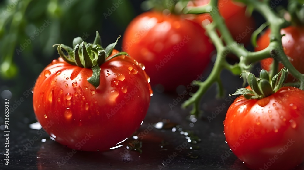 © Photographer - Visualize a close-up of a ripe, red tomato, with its glossy skin and the small droplets of water clinging to its surface. Describe its freshness and appeal