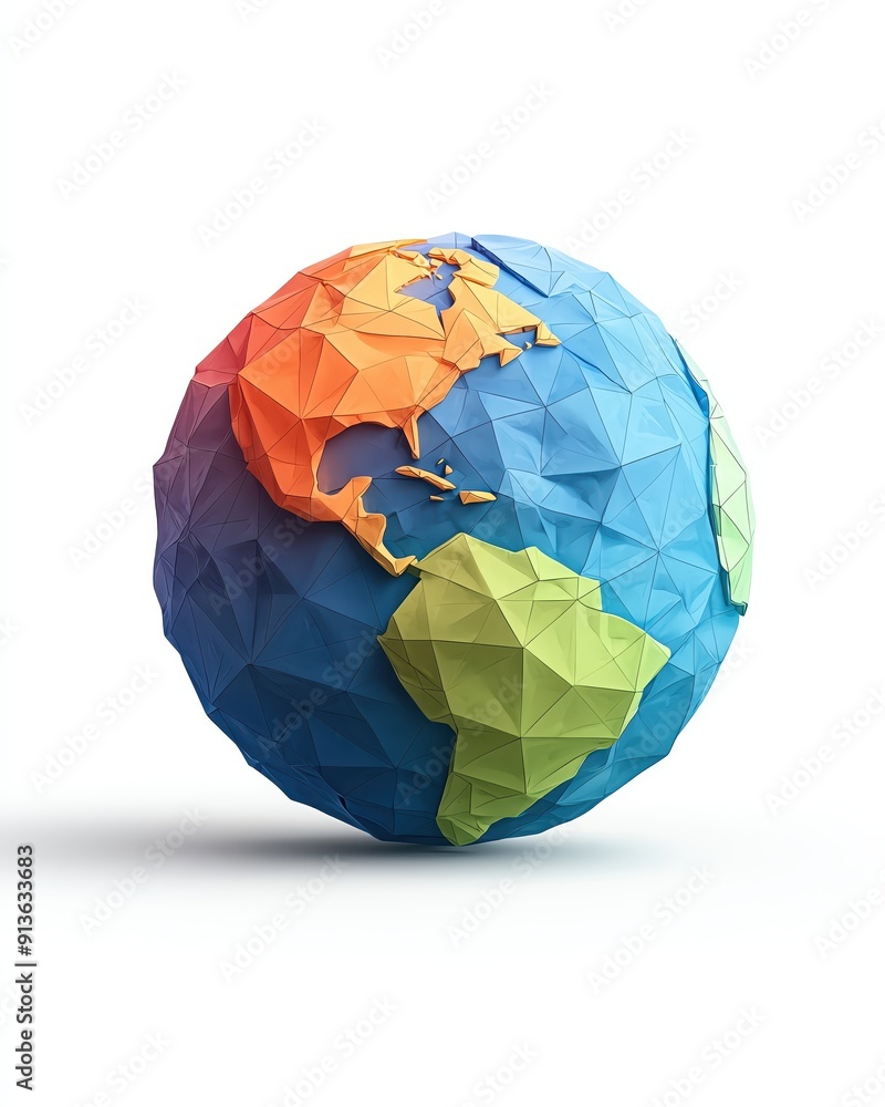 Colorful low-poly globe design showcasing continents, symbolizing global connection and creativity in a digital art style. Colorful low-poly globe design showcasing continents, symbolizing global connection and creativity in a digital art style.