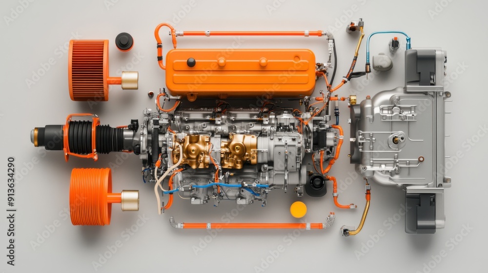 A detailed view of an automobile motor section from above, showcasing the engine components, wiring, and connections in a technical style A detailed view of an automobile motor section from above, showcasing the engine components, wiring, and connections in a technical style