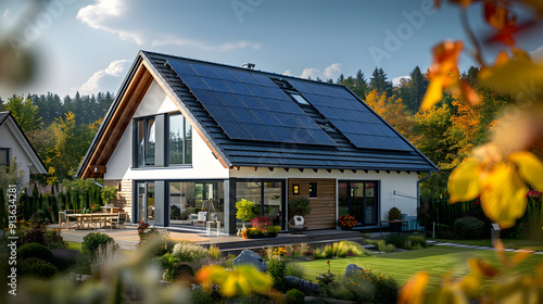 Modern Home with Solar Panels and Beautiful Autumn Landscape - Photo