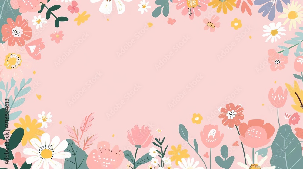 Empty frame with blooming flowers, simple modern clean background, flat design illustration Empty frame with blooming flowers, simple modern clean background, flat design illustration
