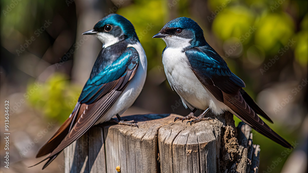 Two vibrant blue birds sit closely together on a weathered wooden post, basking in early morning sunlight with greenery in the background Two vibrant blue birds sit closely together on a weathered wooden post, basking in early morning sunlight with greenery in the background