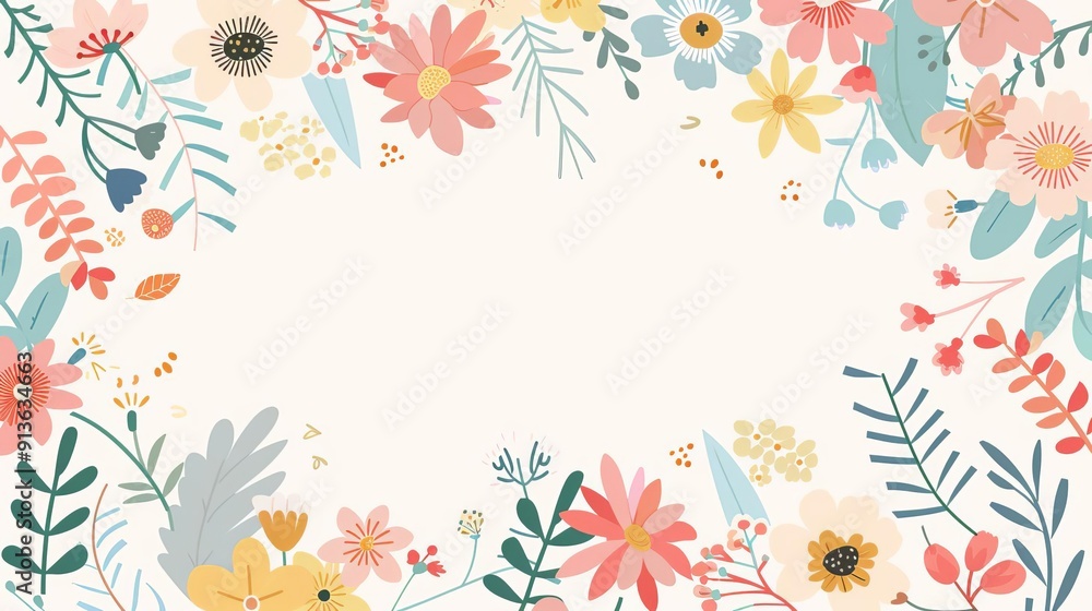 Empty frame with spring flowers, simple modern clean background, flat design illustration Empty frame with spring flowers, simple modern clean background, flat design illustration